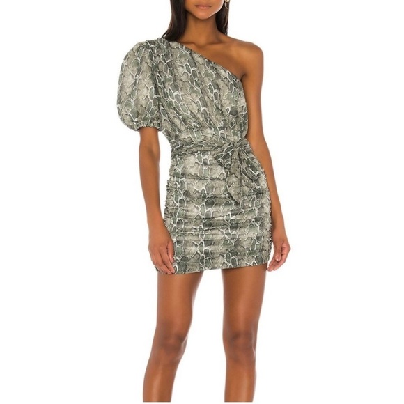 Revolve Song of Style One Shoulder Snake Print Mini Dress Green‎ Sz Small - Picture 1 of 6